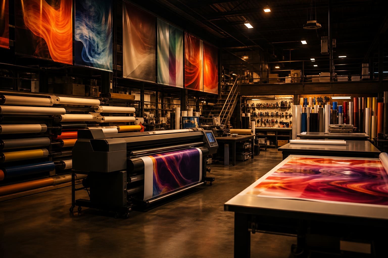 Rolls of printed banners hanging in a print workshop