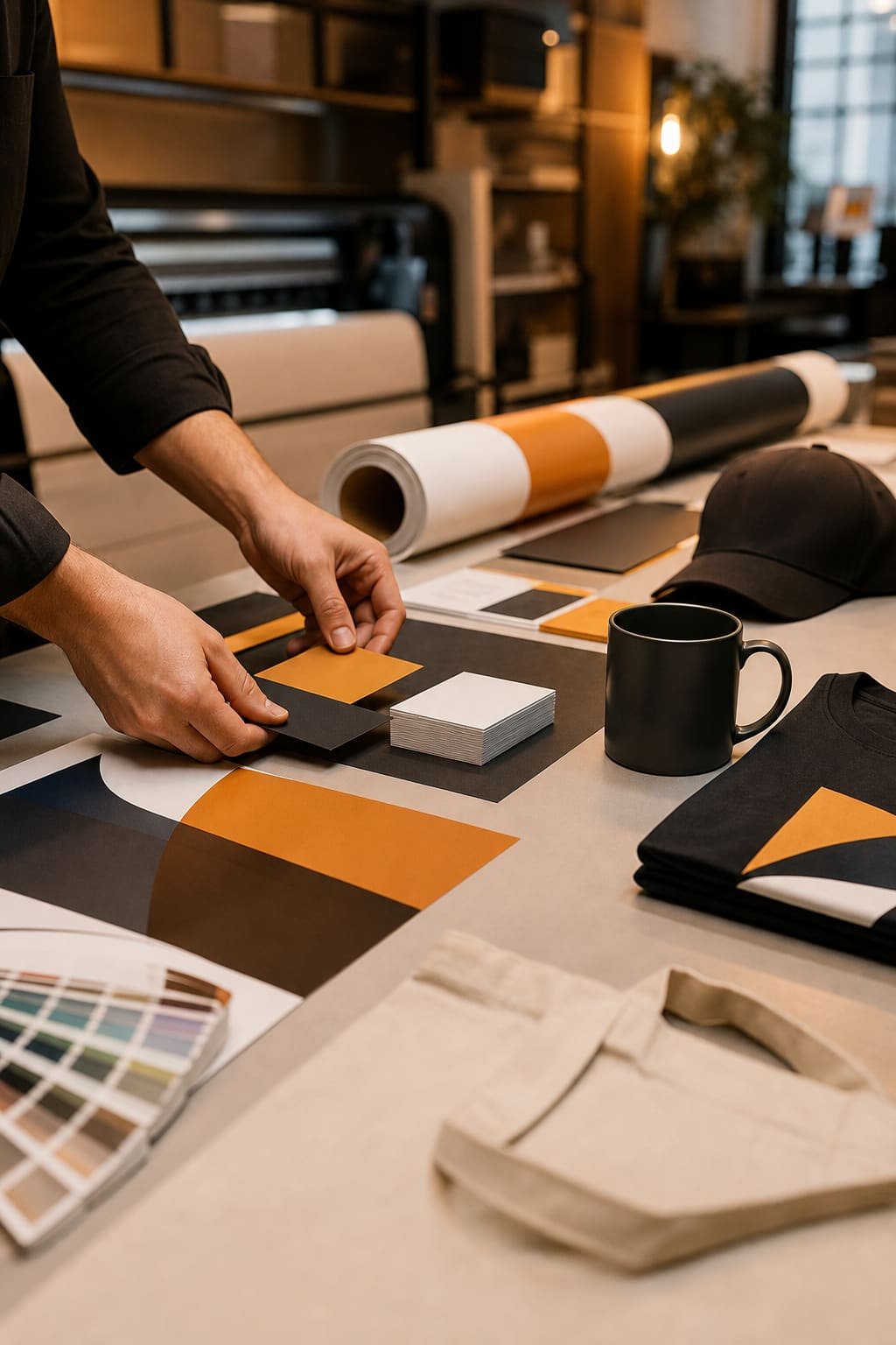 Flat lay of branded promotional materials: cards, banners, apparel and mugs
