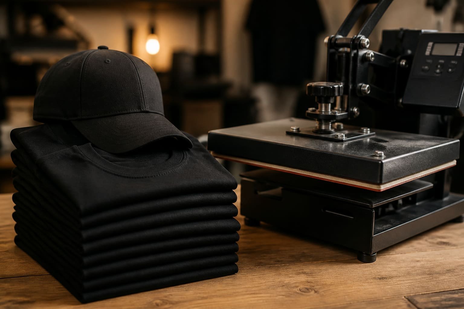 Stack of folded apparel beside a DTF heat press machine
