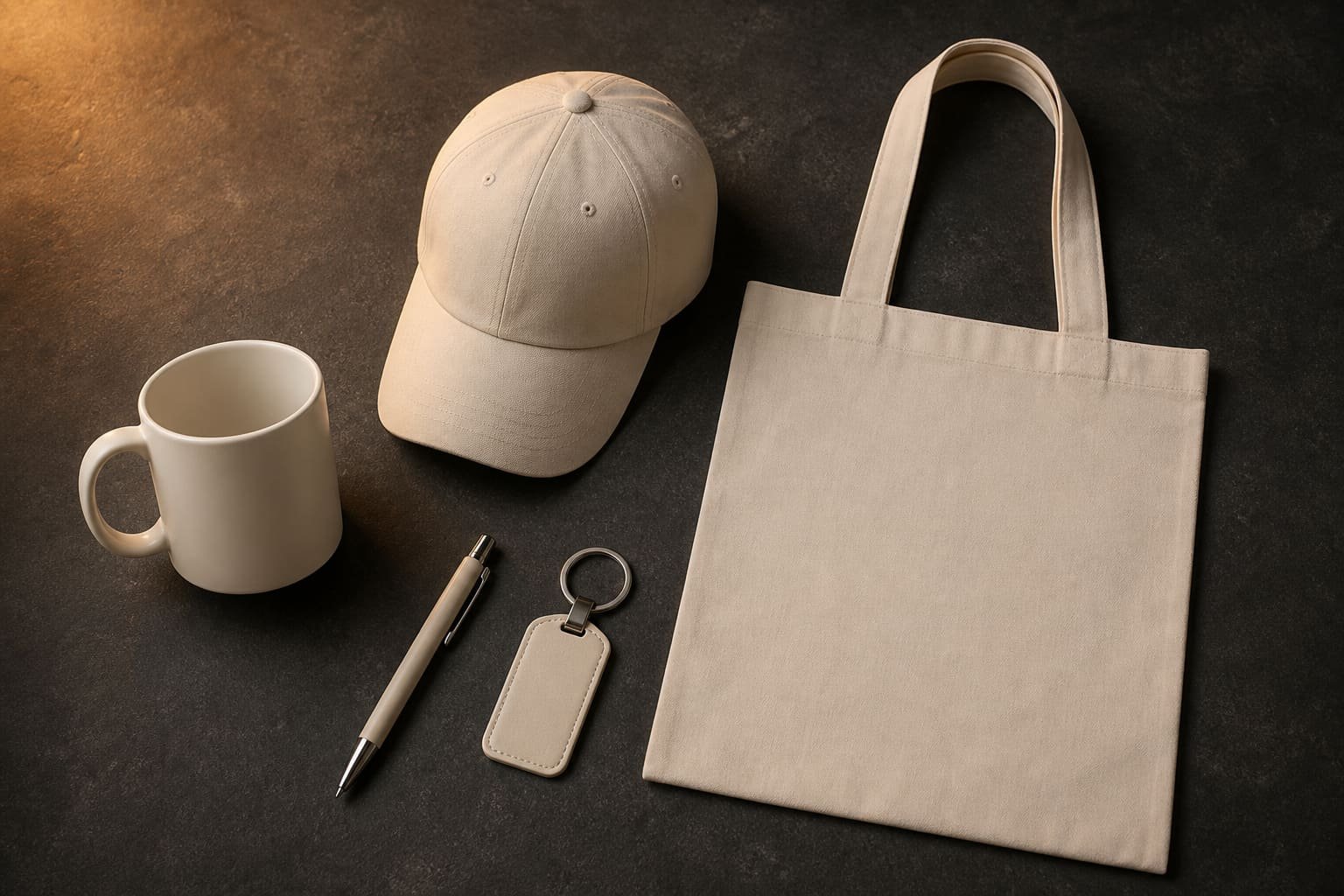 Assortment of blank branded gift items ready for printing