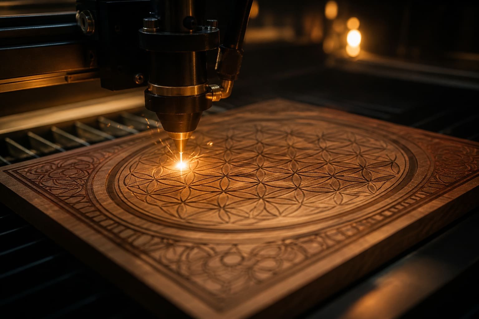 Laser engraving machine cutting a detailed pattern into wood