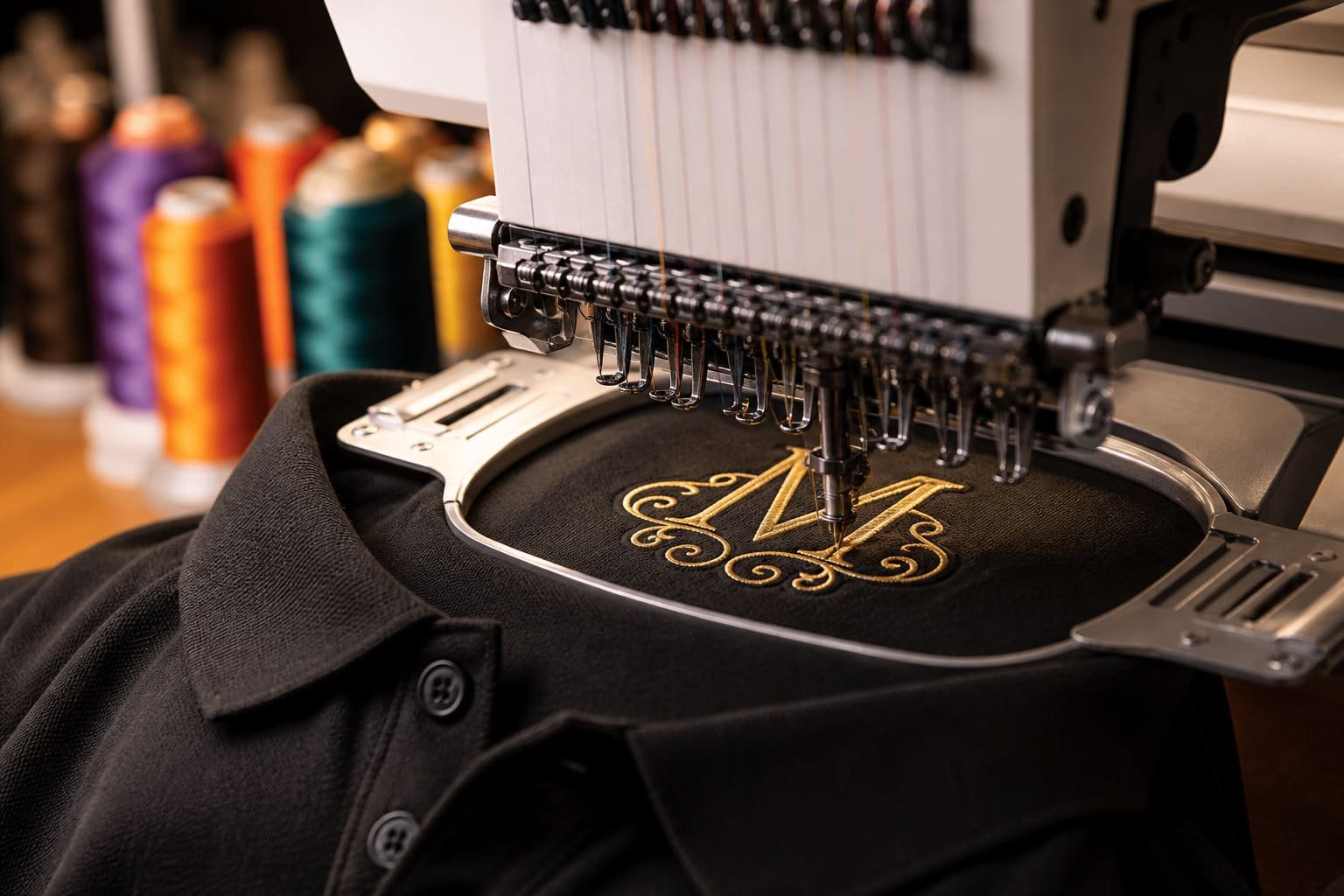 Embroidery machine stitching a monogram onto a shirt