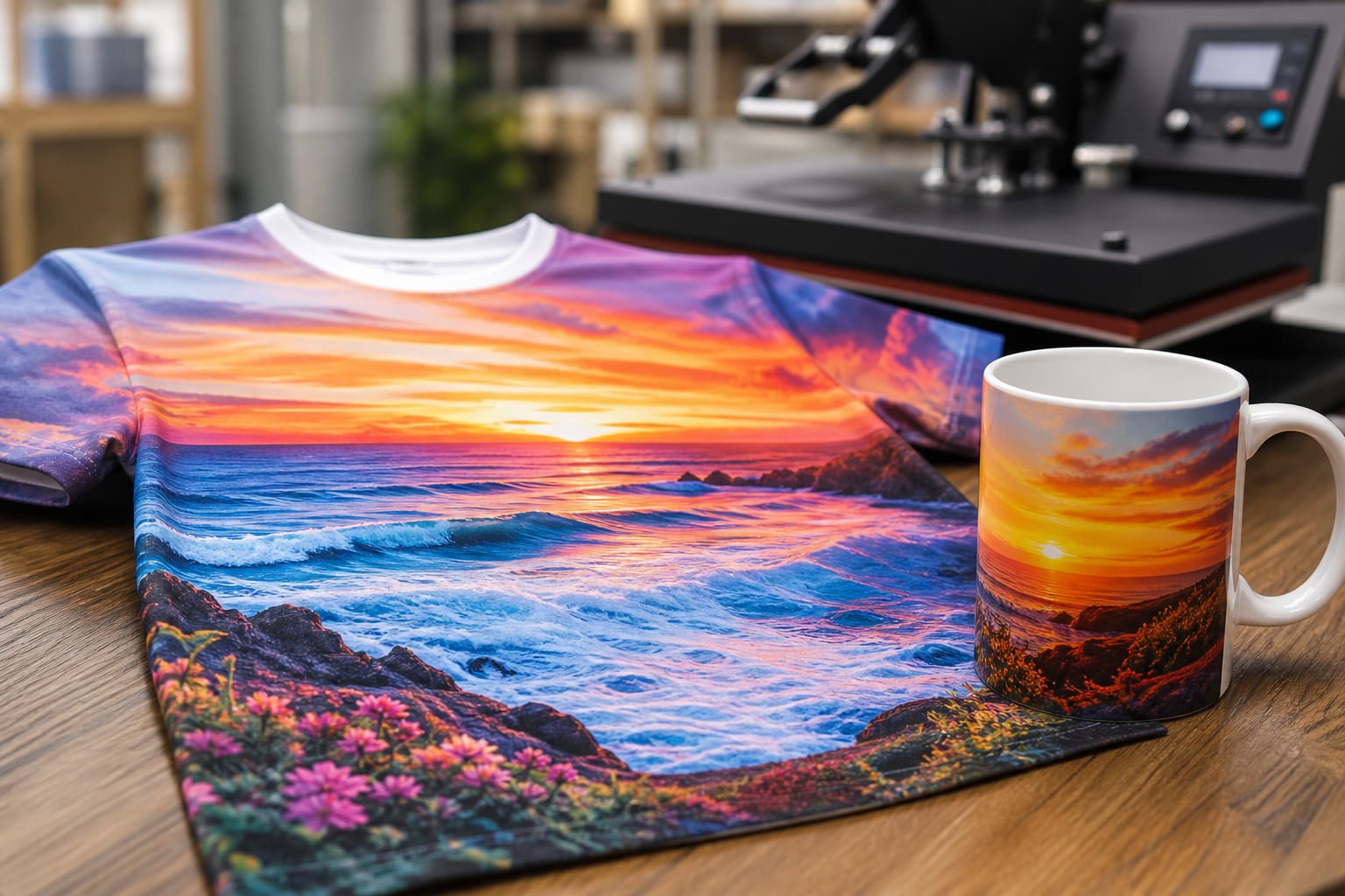 Sublimated apparel and mug fresh from a heat press