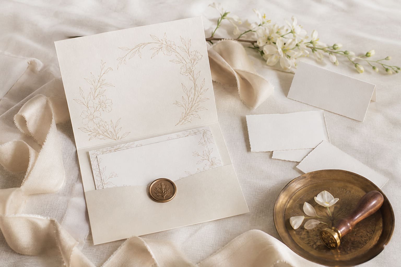 Elegant wedding invitation with a wax seal and ribbon